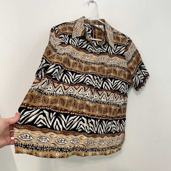 ALFRED DUNNER Tan Brown White Geometric Striped Tribal Animal Button Down PETITE - Picture 8 of 12
